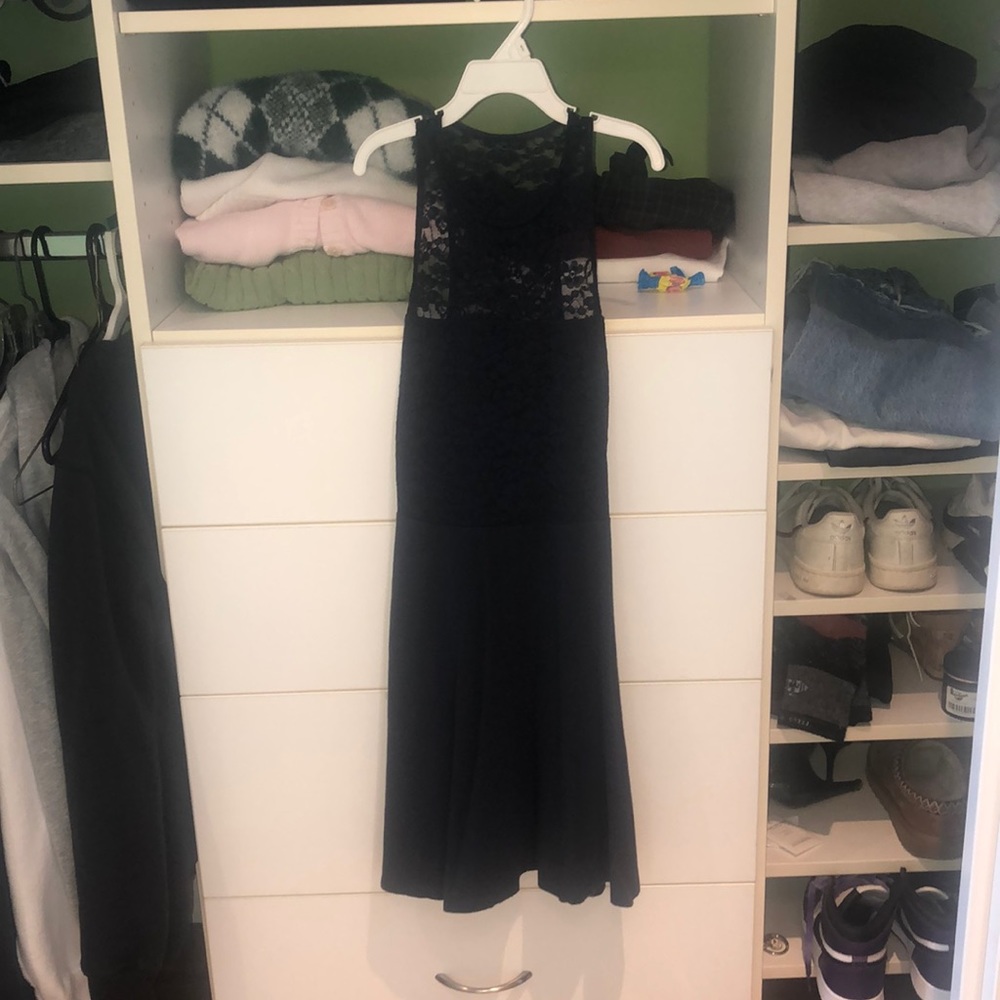 navy blue skater dress with lace detail